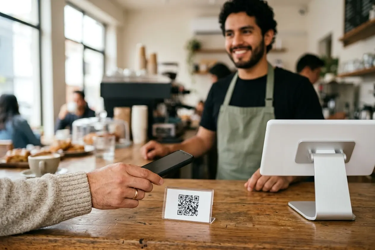 Un cliente acerca su celular al código QR de la caja de una cafetería mientras el barista sonríe